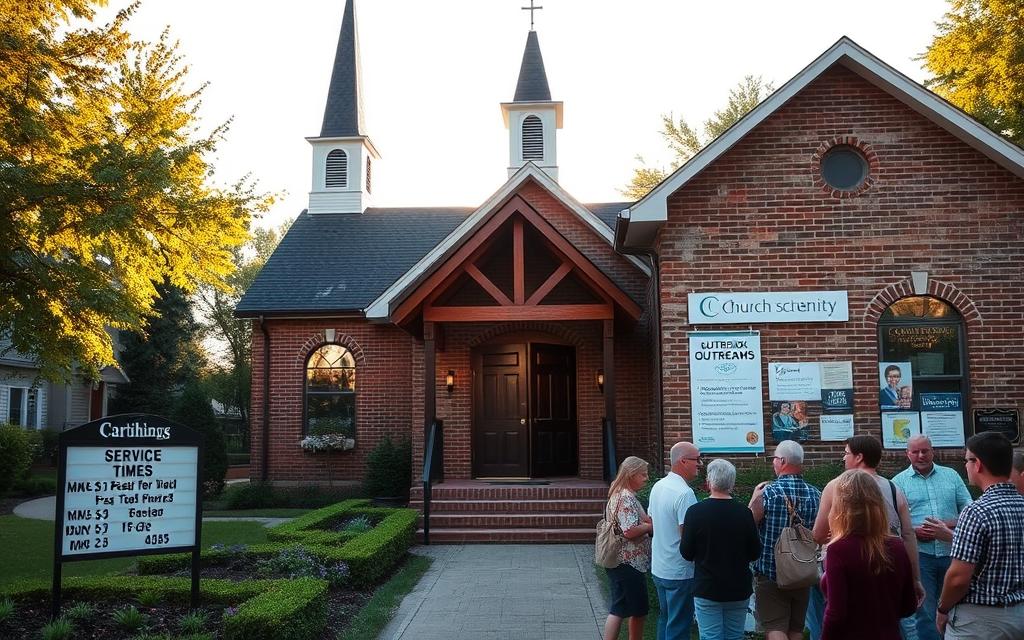 A small, inviting church nestled in a quaint suburban neighborhood, its steeple glimmering in the warm afternoon sunlight. Beautifully landscaped grounds guide visitors towards the grand wooden entrance, where a cheerful sandwich board displays the upcoming service times and community events. Posters and flyers on the church's weathered brick walls showcase various ministries and outreach programs, each designed to engage the local community. In the foreground, a group of parishioners mingle and chat, their faces filled with a sense of belonging and fellowship. The overall scene conveys a welcoming, community-focused atmosphere, perfectly capturing the spirit of local church marketing strategies.