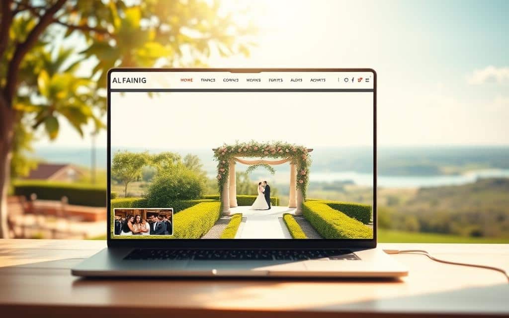 A tranquil, sun-dappled wedding venue website, showcasing a serene outdoor ceremony site with lush, verdant gardens and a picturesque gazebo. The foreground features a sleek, modern laptop displaying the venue's elegant, mobile-responsive website, its design minimalist yet sophisticated, highlighting striking photography of the venue's amenities. The middle ground depicts well-manicured pathways leading to the ceremony area, where an arch of fragrant flowers frames the scene. In the background, a picturesque landscape unfolds, with rolling hills, a distant lake, and a cloudless azure sky, conveying a sense of timeless beauty and romance. Soft, warm lighting casts a golden glow, creating a dreamlike, enchanting atmosphere.