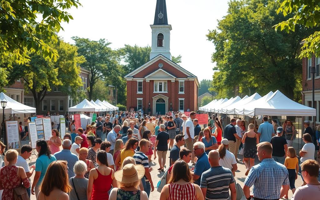 A vibrant community outreach event unfolds in a sun-dappled town square. In the foreground, a diverse group of people gather, engaged in lively discussions and interactive activities. Mid-ground, informational booths and displays showcase local initiatives and resources. In the background, a historic church stands tall, its steeple casting a welcoming shadow. Soft natural lighting illuminates the scene, creating a warm and inviting atmosphere. The composition is dynamic, with a sense of energy and inclusivity, reflecting the spirit of community engagement.