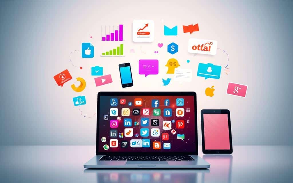 A vibrant digital landscape, showcasing a collection of modern marketing tools and platforms. In the foreground, a sleek laptop displays various app icons representing social media, analytics, and content creation tools. Floating above are colorful graphic elements, such as bar charts, search engine logos, and digital advertising banners, illuminating the versatility of online marketing. The middle ground features a smartphone and a tablet, demonstrating the cross-device accessibility of these tools. The background is a minimalist, gradient-driven environment, creating a sense of balance and focus on the key digital marketing assets. Crisp lighting and a slightly futuristic ambiance evoke a professional, technology-driven mood.