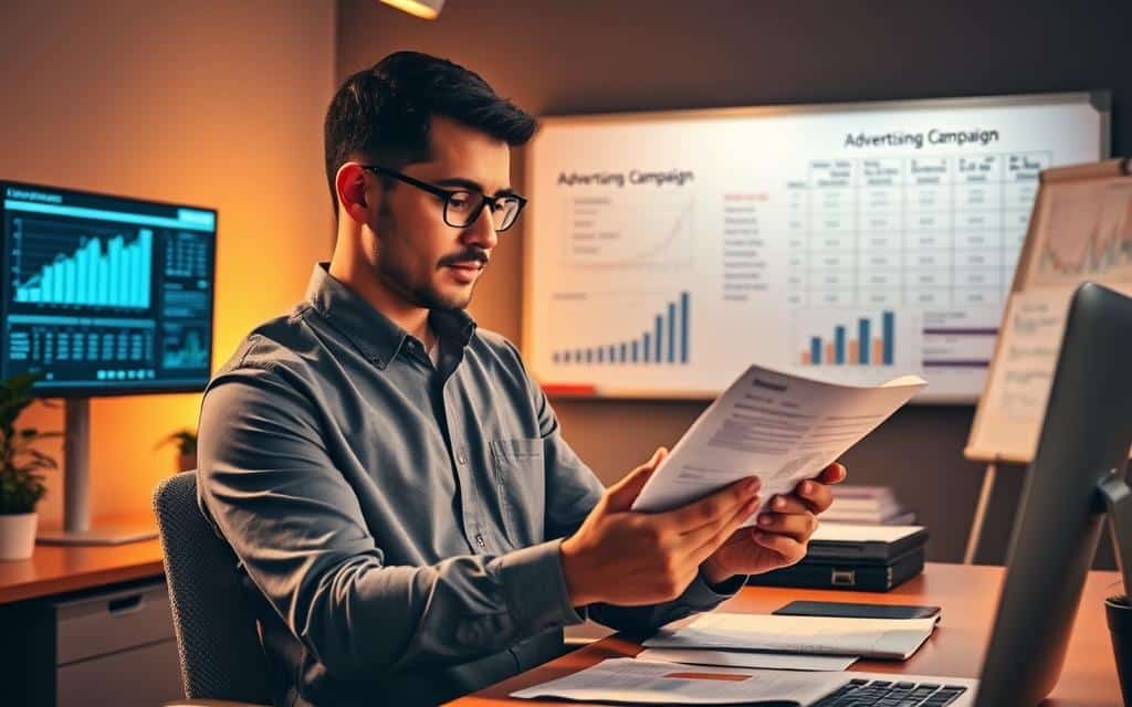 A vibrant office setting with a professional looking individual meticulously reviewing financial documents and digital screens displaying graphs, charts, and budgeting software. The scene is bathed in warm, focused lighting, creating a sense of diligence and careful planning. In the background, a whiteboard displays key performance indicators and advertising campaign timelines. The overall atmosphere conveys a thoughtful, organized approach to managing an advertising budget for a cleaning business.