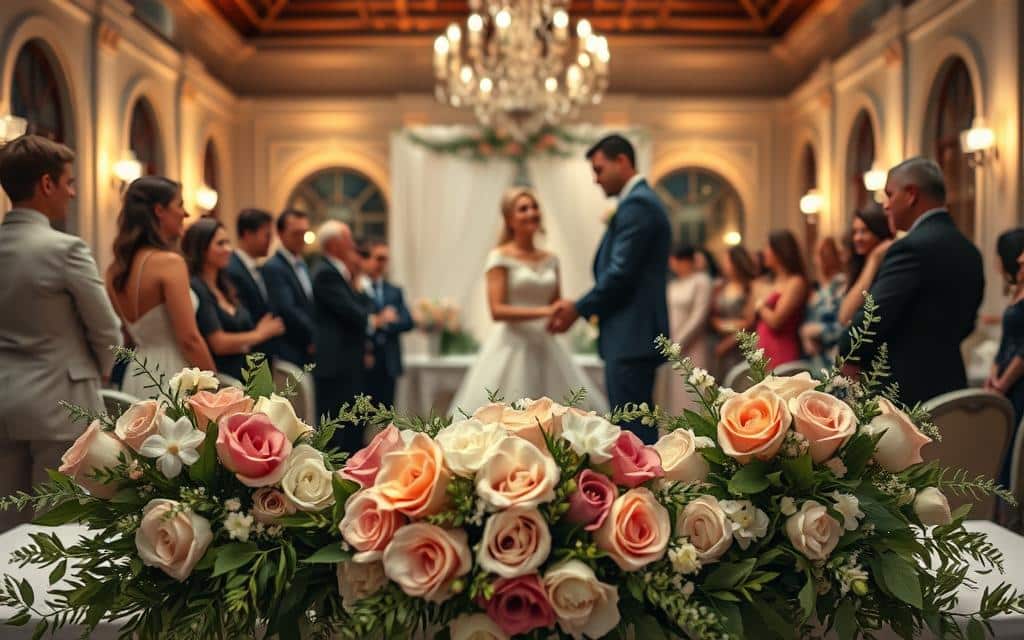 A wedding ceremony set against a stylish backdrop, with a central focus on a couple exchanging vows. In the foreground, intricate floral arrangements adorn a beautifully decorated table, hinting at the romantic atmosphere. The middle ground features guests gathered around, their faces filled with joy and anticipation. In the background, a softly lit venue with elegant architecture and warm lighting creates a sense of intimacy. The overall scene exudes a harmonious blend of timelessness and modern elegance, capturing the essence of wedding content marketing strategies.