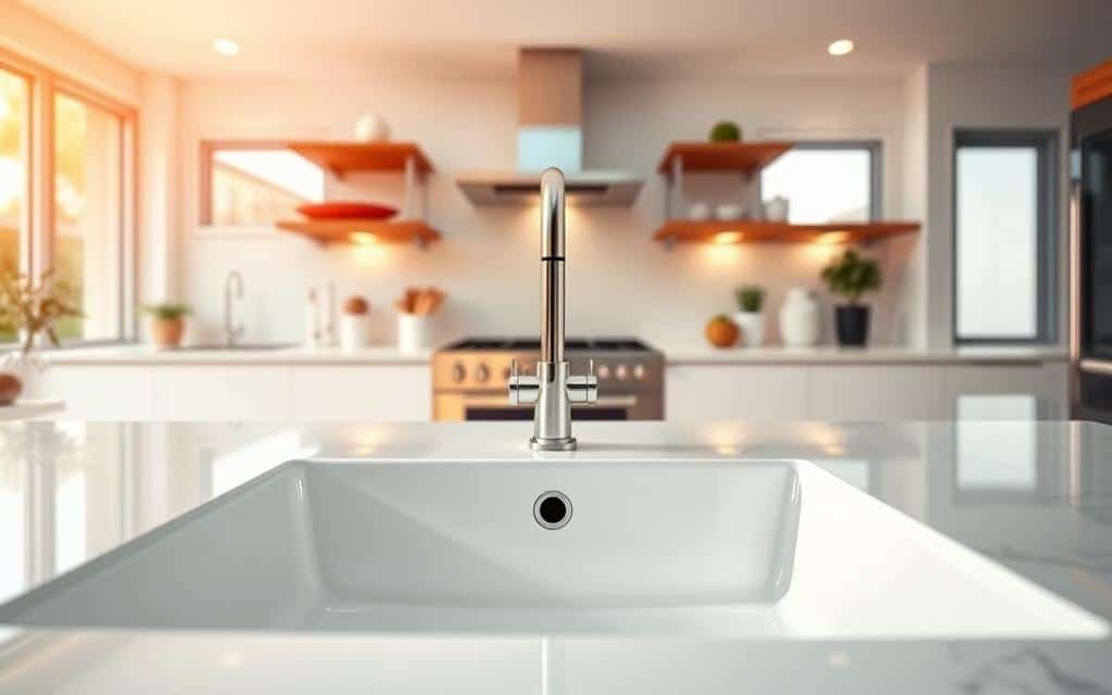 An attention-grabbing cleaning ad showcasing a vibrant, modern kitchen. In the foreground, a spotless sink glistens under warm, directional lighting, emphasizing the product's cleaning power. Behind it, mid-ground, a sleek appliance and minimalist decor create a stylish, high-end atmosphere. The background features a bright, airy room with large windows, casting a soft, natural glow that enhances the product's effectiveness. The overall composition exudes a sense of effortless cleanliness, sophistication, and aspirational lifestyle, capturing the viewer's attention and conveying the cleaning product's ability to transform a space.