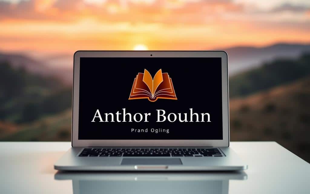 An elegant and minimalist digital author branding composition. In the foreground, a laptop screen displays an author's name and professional headshot, framed by a sleek white border. The middle ground features a stylized book icon, its pages unfurling to reveal a gradient of warm, earthy tones. In the background, a soft, blurred landscape of rolling hills and a vibrant sunset sky, conveying a sense of creativity, inspiration, and professionalism. The overall lighting is soft and diffused, creating a cohesive, visually striking scene. Composed with a wide, cinematic aspect ratio and a shallow depth of field to focus the viewer's attention.
