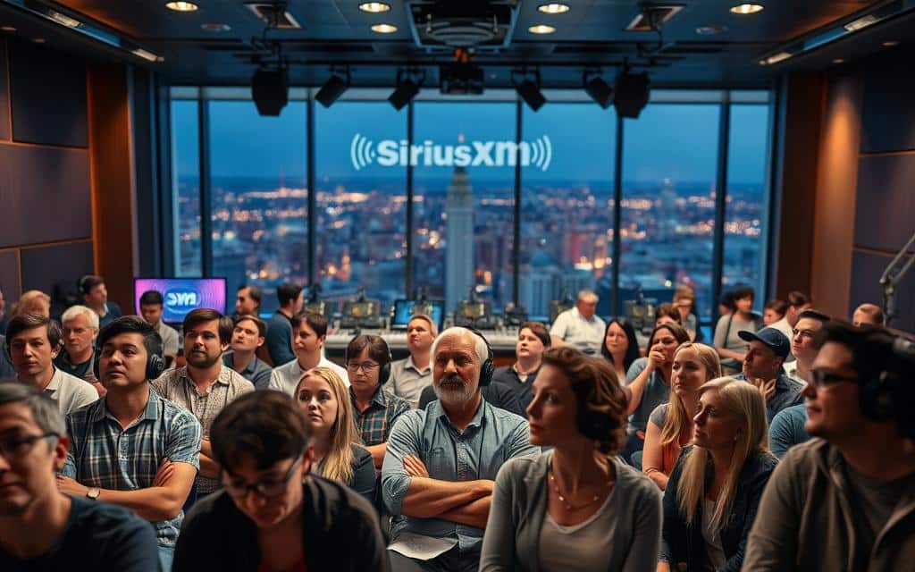 A diverse, captivating audience sits enraptured before a sleek, modern SiriusXM broadcast studio. In the foreground, a range of listeners intently focused, representing a cross-section of demographics - young professionals, families, seniors, and tech-savvy millennials. The middle ground showcases state-of-the-art equipment and sound engineers, creating an atmosphere of high-quality, immersive audio. In the background, floor-to-ceiling windows offer a glimpse of a vibrant cityscape, hinting at the widespread reach and influence of the SiriusXM platform. Warm, directional lighting enhances the sense of energy and engagement, while a shallow depth of field draws the viewer's eye to the captivated audience. This image conveys the broad appeal and premium nature of advertising on the SiriusXM network.