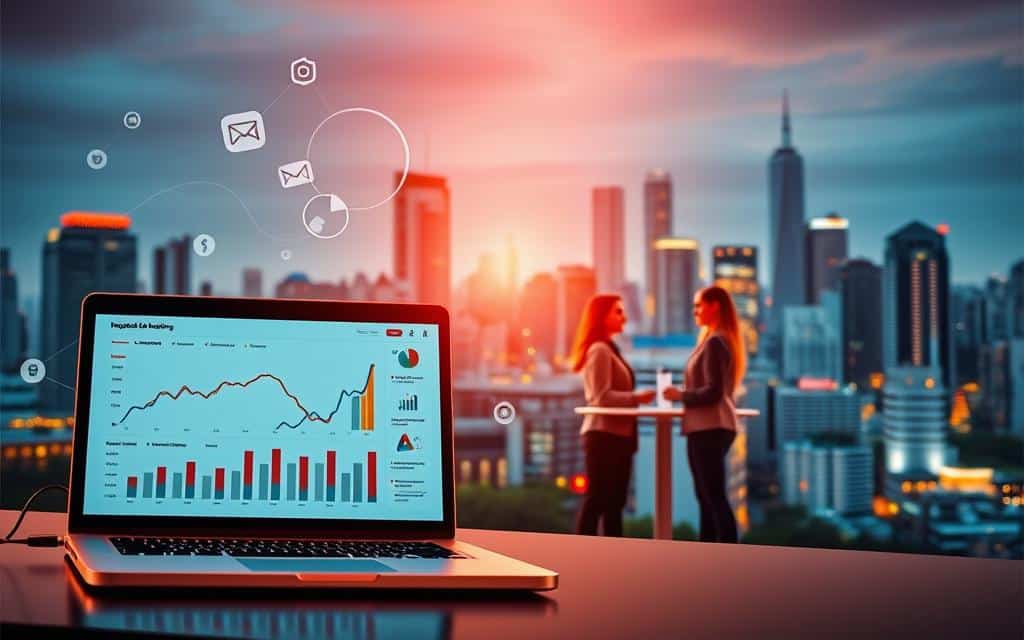 A vibrant, integrated marketing landscape with various digital and traditional elements. In the foreground, a laptop displaying an analytics dashboard, surrounded by icons representing social media, email, and content marketing. In the middle ground, a team of professionals collaborating on a strategy, with screens showcasing campaign performance metrics. The background features a cityscape with skyscrapers, symbolizing the interconnected nature of modern marketing. Warm lighting casts a dynamic glow, creating a sense of productivity and synergy. The overall composition conveys the comprehensive and cohesive nature of integrated marketing services.