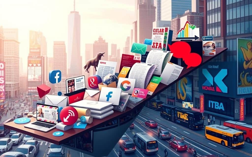 A vibrant, photorealistic illustration of a multilayered "multichannel marketing strategy". In the foreground, various digital marketing icons and devices - a smartphone, laptop, social media logos - seamlessly intertwine with traditional print media like a direct mail postcard, brochure, and flyer. The middle ground showcases an array of communication channels, from email and SMS to billboard and transit ads, all working in harmony. In the background, a bustling cityscape with skyscrapers, neon signs, and busy streets sets the scene, emphasizing the integrated, omnichannel approach. Soft, directional lighting illuminates the composition, creating depth and a sense of cohesion. The overall mood is dynamic, strategic, and visually striking, reflecting the powerful synergy of blending digital and physical marketing tactics.