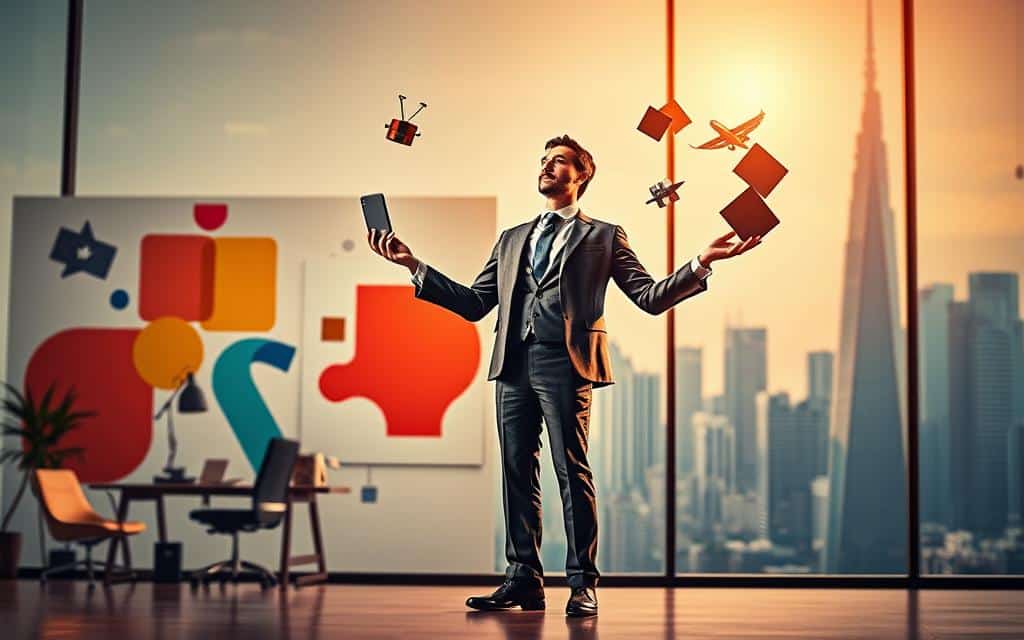 A dynamic and well-balanced composition depicting the essential skills for a successful advertising career. In the foreground, a poised figure expertly juggles various symbolic objects, representing the versatility and multitasking required in the industry. The middle ground showcases a vibrant, creative workspace with abstract shapes and vibrant colors, capturing the innovative spirit. In the background, a sleek, modern cityscape provides a professional, aspirational backdrop. Lighting is warm and directional, casting dramatic shadows and highlights to accentuate the subject's poise and confidence. The overall atmosphere is one of skilled mastery, adaptability, and the thrill of pushing creative boundaries.