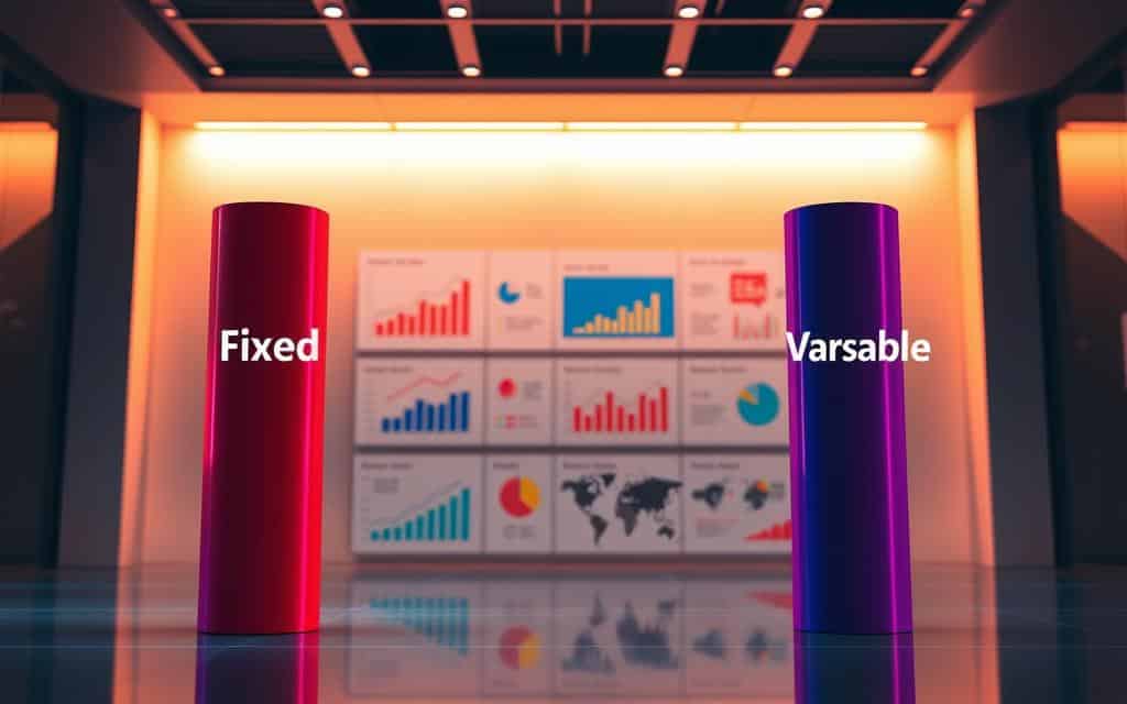 A high-contrast, colorful data visualization depicting the comparative analysis of fixed and variable advertising costs. In the foreground, two distinct columns representing fixed and variable costs, with clear visual cues to distinguish them, such as differing colors, textures, or patterns. The middle ground features a series of charts, graphs, or infographics that illustrate the nuances of these cost types, using clean, modern design elements. The background showcases a sleek, minimalist environment, with subtle gradients or geometric shapes to create depth and emphasize the analytical nature of the scene. Warm, directional lighting casts dramatic shadows, lending a sense of depth and gravitas to the composition. The overall mood is one of data-driven clarity and strategic decision-making. A high-contrast, colorful data visualization depicting the comparative analysis of fixed and variable advertising costs. In the foreground, two distinct columns representing fixed and variable costs, with clear visual cues to distinguish them, such as differing colors, textures, or patterns. The middle ground features a series of charts, graphs, or infographics that illustrate the nuances of these cost types, using clean, modern design elements. The background showcases a sleek, minimalist environment, with subtle gradients or geometric shapes to create depth and emphasize the analytical nature of the scene. Warm, directional lighting casts dramatic shadows, lending a sense of depth and gravitas to the composition. The overall mood is one of data-driven clarity and strategic decision-making.