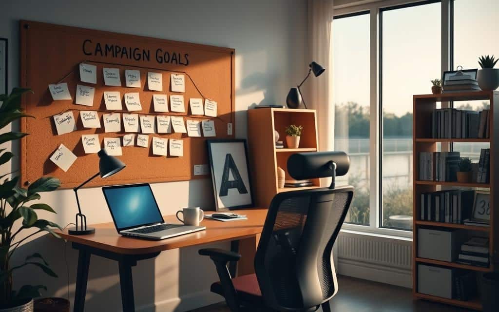 A cozy home office with an ergonomic desk and chair, soft lighting, and a motivational corkboard displaying sticky notes with various campaign goal-setting strategies. In the foreground, a laptop and coffee mug sit neatly on the desk, while the middle ground features a framed vision board and a bookshelf filled with marketing resources. The background showcases a large window with a serene outdoor view, creating a calming and productive atmosphere. The overall scene conveys a sense of focus, organization, and a well-thought-out approach to setting effective campaign goals. A cozy home office with an ergonomic desk and chair, soft lighting, and a motivational corkboard displaying sticky notes with various campaign goal-setting strategies. In the foreground, a laptop and coffee mug sit neatly on the desk, while the middle ground features a framed vision board and a bookshelf filled with marketing resources. The background showcases a large window with a serene outdoor view, creating a calming and productive atmosphere. The overall scene conveys a sense of focus, organization, and a well-thought-out approach to setting effective campaign goals.