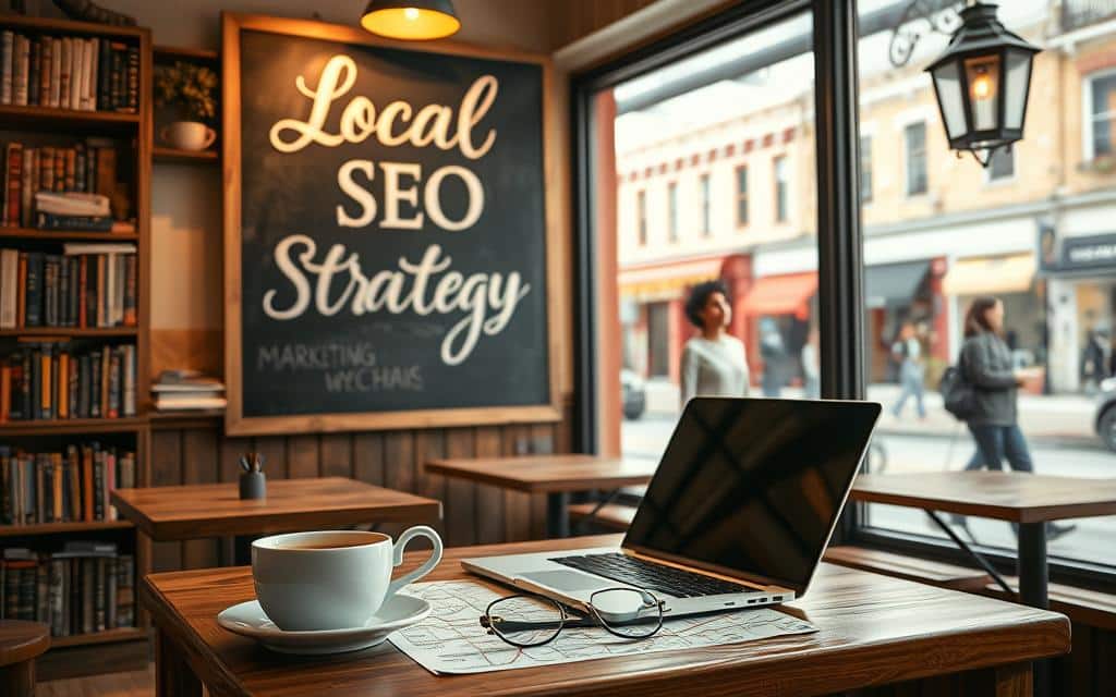 A cozy, rustic coffee shop with a chalkboard sign displaying "Local SEO Strategy" in flowing calligraphy. The interior is filled with warm, natural lighting, wooden tables, and bookshelves stocked with marketing books. In the foreground, a laptop and a cup of coffee sit on the table, surrounded by a pair of eyeglasses and a local city map. In the background, a large window offers a view of a bustling street with quaint storefronts, pedestrians, and a vintage streetlamp. The overall mood is one of focus, inspiration, and a sense of community. A cozy, rustic coffee shop with a chalkboard sign displaying "Local SEO Strategy" in flowing calligraphy. The interior is filled with warm, natural lighting, wooden tables, and bookshelves stocked with marketing books. In the foreground, a laptop and a cup of coffee sit on the table, surrounded by a pair of eyeglasses and a local city map. In the background, a large window offers a view of a bustling street with quaint storefronts, pedestrians, and a vintage streetlamp. The overall mood is one of focus, inspiration, and a sense of community.