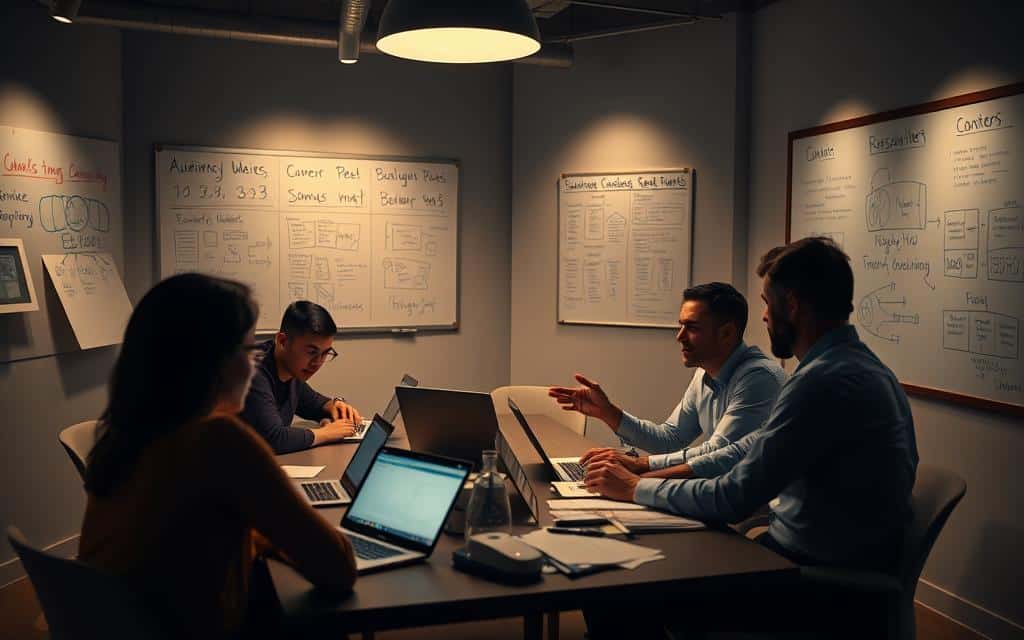 A dimly lit conference room with a team of researchers gathered around a table, reviewing data on their laptops and papers. The walls are adorned with whiteboards covered in notes and diagrams, providing insights into their audience research methods. The lighting is soft and warm, creating a contemplative atmosphere as the team collaborates to uncover the unique needs of their target audience. In the foreground, a researcher gestures animatedly, discussing findings, while their colleagues nod in understanding, their faces illuminated by the glow of their screens. The scene conveys the rigorous, thoughtful process of audience research, crucial for crafting persuasive ad copy that truly resonates with the intended consumers.