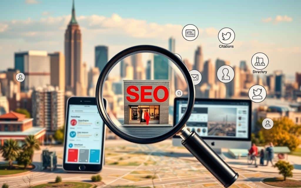 A local SEO strategy landscape with a map of a city skyline in the background, featuring landmarks and buildings. In the foreground, a magnifying glass hovers over a location, highlighting a small business storefront. The middle ground showcases various local SEO optimization elements, such as a smartphone displaying review ratings, a computer with analytics dashboards, and icons representing citations, directories, and social media profiles. The scene is illuminated by warm, natural lighting, creating a sense of focus and clarity. The overall composition conveys the importance of local search visibility and reputation management for small businesses. A local SEO strategy landscape with a map of a city skyline in the background, featuring landmarks and buildings. In the foreground, a magnifying glass hovers over a location, highlighting a small business storefront. The middle ground showcases various local SEO optimization elements, such as a smartphone displaying review ratings, a computer with analytics dashboards, and icons representing citations, directories, and social media profiles. The scene is illuminated by warm, natural lighting, creating a sense of focus and clarity. The overall composition conveys the importance of local search visibility and reputation management for small businesses.