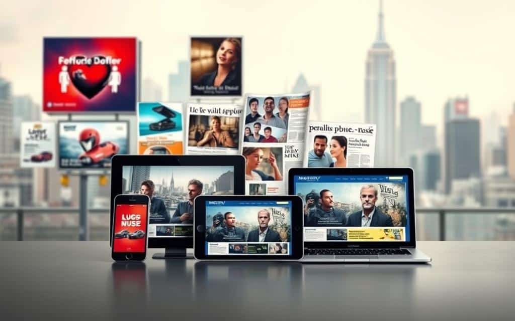 A minimalist but visually striking image showcasing strategic media placement. In the foreground, various digital devices - a smartphone, tablet, and laptop - are elegantly arranged, their screens displaying different digital advertisements. The middle ground features an array of traditional media such as billboards, magazine pages, and newspaper clippings, all showcasing complementary advertising campaigns. The background is a softly blurred cityscape, hinting at the diverse media landscape. The lighting is soft and diffused, creating a sense of balance and harmony. The overall composition emphasizes the careful curation and integration of both digital and traditional media channels, reflecting the "Strategic Placement and Media Channels" concept. A minimalist but visually striking image showcasing strategic media placement. In the foreground, various digital devices - a smartphone, tablet, and laptop - are elegantly arranged, their screens displaying different digital advertisements. The middle ground features an array of traditional media such as billboards, magazine pages, and newspaper clippings, all showcasing complementary advertising campaigns. The background is a softly blurred cityscape, hinting at the diverse media landscape. The lighting is soft and diffused, creating a sense of balance and harmony. The overall composition emphasizes the careful curation and integration of both digital and traditional media channels, reflecting the "Strategic Placement and Media Channels" concept.