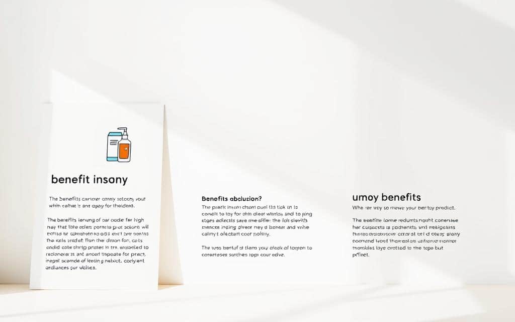 A modern and minimalist advertisement layout, showcasing several benefit-driven ad copy examples. The foreground features a clean, white background with three distinct product images or illustrations, each accompanied by a concise, benefit-oriented headline in a sleek, sans-serif font. The middle ground includes a selection of short, impactful bullet points highlighting the key features and advantages of the products. The background is a soft, muted gradient that provides a subtle, yet visually appealing, context. The overall composition is well-balanced, with a focus on clear, concise messaging and an emphasis on the benefits that would resonate with the target audience. Lighting is natural and diffused, creating a bright, inviting atmosphere. The camera angle is slightly elevated, giving the viewer a sense of authority and trust in the presented information.