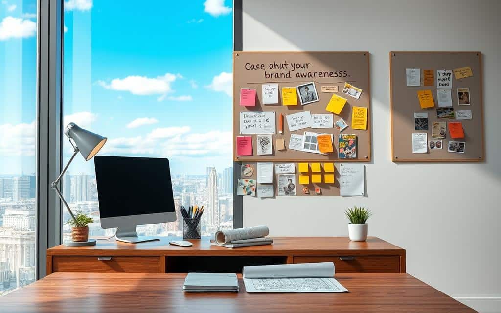 A modern office setting with a large, bright window illuminating the scene. In the foreground, a sleek desktop computer and a stylish desk lamp sit atop a minimalist, oak-finish table. On the table, a well-organized array of office supplies - pens, notebooks, and a neatly folded blueprint or schematic. In the middle ground, a bulletin board adorned with colorful sticky notes, cutouts from magazines, and inspirational quotes, hinting at the purpose of a brand awareness campaign. The background features a cityscape with skyscrapers and a vibrant, cloudless sky, conveying a sense of progress and innovation. The overall atmosphere is one of creativity, focus, and a clear understanding of the objectives of a brand awareness endeavor. A modern office setting with a large, bright window illuminating the scene. In the foreground, a sleek desktop computer and a stylish desk lamp sit atop a minimalist, oak-finish table. On the table, a well-organized array of office supplies - pens, notebooks, and a neatly folded blueprint or schematic. In the middle ground, a bulletin board adorned with colorful sticky notes, cutouts from magazines, and inspirational quotes, hinting at the purpose of a brand awareness campaign. The background features a cityscape with skyscrapers and a vibrant, cloudless sky, conveying a sense of progress and innovation. The overall atmosphere is one of creativity, focus, and a clear understanding of the objectives of a brand awareness endeavor.