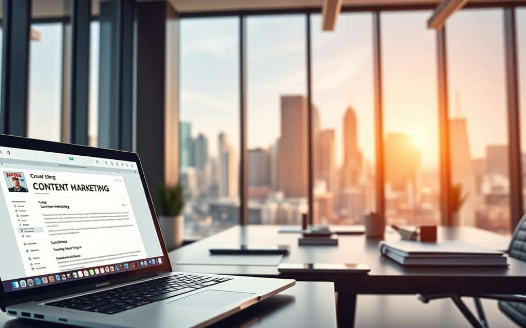 A modern office with a sleek, minimalist aesthetic. In the foreground, a laptop displays an email compose window and content marketing planning tools. The middle ground features a stylish desk with a tablet, smartphone, and neatly organized office supplies. The background showcases large windows overlooking a bustling city skyline, bathed in warm, natural lighting. The overall mood is one of productivity, efficiency, and a focus on digital marketing strategies.