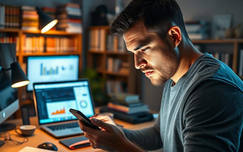 A modern office workspace with a desk, computer, and various troubleshooting tools. In the foreground, a person intently examining a smartphone screen, their brow furrowed in concentration as they navigate the conversion tracking setup. The middle ground features an open laptop displaying analytics and data visualizations, casting a soft, ambient glow. In the background, shelves filled with reference books and manuals on digital marketing and advertising provide a sense of expertise and authority. Bright, directional lighting illuminates the scene, creating depth and highlighting the problem-solving nature of the task at hand. The overall atmosphere conveys a sense of focus, determination, and the pursuit of optimization. A modern office workspace with a desk, computer, and various troubleshooting tools. In the foreground, a person intently examining a smartphone screen, their brow furrowed in concentration as they navigate the conversion tracking setup. The middle ground features an open laptop displaying analytics and data visualizations, casting a soft, ambient glow. In the background, shelves filled with reference books and manuals on digital marketing and advertising provide a sense of expertise and authority. Bright, directional lighting illuminates the scene, creating depth and highlighting the problem-solving nature of the task at hand. The overall atmosphere conveys a sense of focus, determination, and the pursuit of optimization.