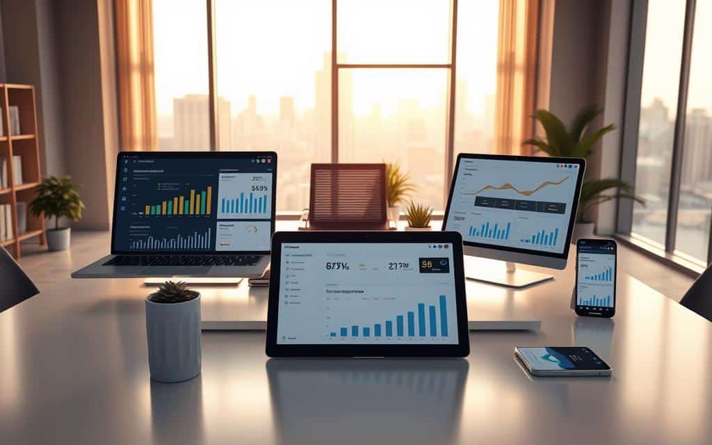 A modern, well-lit office space with a large, sleek desk featuring various digital tools and interfaces for campaign budget management. On the desk, there are a laptop, a tablet, and a smartphone displaying financial dashboards, graphs, and analytics. The foreground showcases intuitive user interfaces with clear visualizations of budget allocations, spending trends, and performance metrics. The middle ground features a minimalist, ergonomic office chair and a few potted plants, creating a calm and focused atmosphere. The background depicts floor-to-ceiling windows overlooking a cityscape, bathed in warm, natural lighting that complements the modern, professional aesthetic. A modern, well-lit office space with a large, sleek desk featuring various digital tools and interfaces for campaign budget management. On the desk, there are a laptop, a tablet, and a smartphone displaying financial dashboards, graphs, and analytics. The foreground showcases intuitive user interfaces with clear visualizations of budget allocations, spending trends, and performance metrics. The middle ground features a minimalist, ergonomic office chair and a few potted plants, creating a calm and focused atmosphere. The background depicts floor-to-ceiling windows overlooking a cityscape, bathed in warm, natural lighting that complements the modern, professional aesthetic.