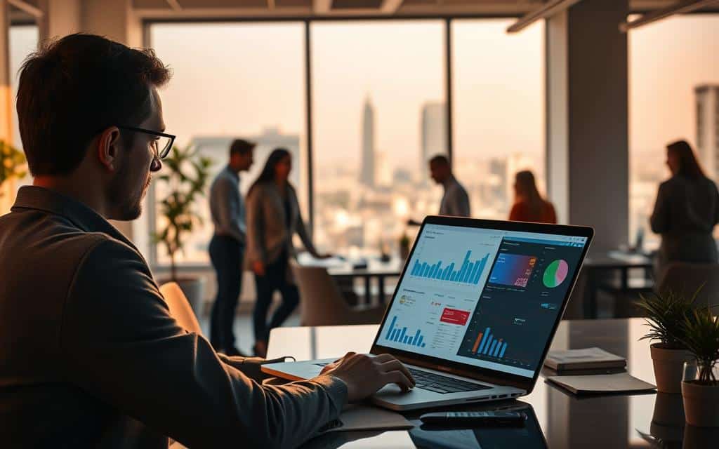 A serene office scene, bathed in warm, natural lighting. In the foreground, a businessperson contemplates data visualizations on their laptop screen, highlighting the benefits of A/B testing for ad creatives. The middle ground features a collaborative workspace, with colleagues engaged in animated discussions, sharing insights and ideas. In the background, a large window overlooks a bustling cityscape, symbolizing the broader business landscape. The overall atmosphere conveys a sense of progress, innovation, and the value of data-driven decision-making. A serene office scene, bathed in warm, natural lighting. In the foreground, a businessperson contemplates data visualizations on their laptop screen, highlighting the benefits of A/B testing for ad creatives. The middle ground features a collaborative workspace, with colleagues engaged in animated discussions, sharing insights and ideas. In the background, a large window overlooks a bustling cityscape, symbolizing the broader business landscape. The overall atmosphere conveys a sense of progress, innovation, and the value of data-driven decision-making.