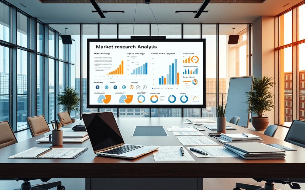 A sleek and modern office setting with a large desk showcasing a detailed market research analysis presentation. The foreground features a laptop, papers, and various stationery items, creating a professional and organized atmosphere. The middle ground displays a well-designed infographic or data visualization projected onto a wall, highlighting key market insights and trends. In the background, large windows provide natural lighting, casting a warm glow and emphasizing the importance of the analysis. The overall scene conveys a sense of diligence, precision, and strategic decision-making.