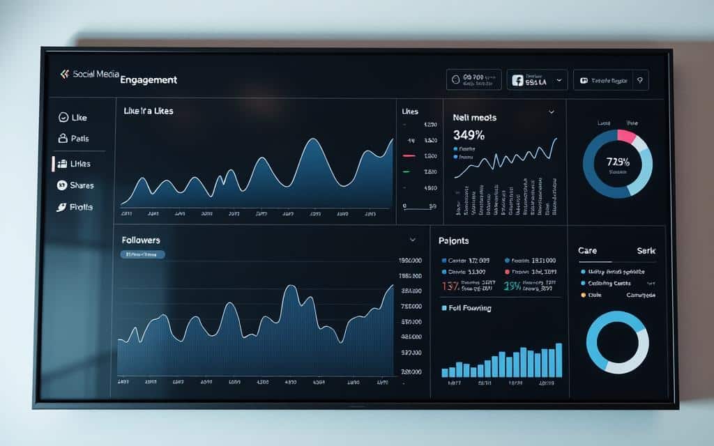 A sleek, minimalist dashboard displaying social media engagement metrics in real-time. Elegant line graphs and circular charts depict trends in likes, shares, comments, and follower growth across various platforms. The screen is bathed in a cool, neutral color palette with subtle highlights, creating a professional, data-driven atmosphere. The layout is clean and uncluttered, allowing the insights to take center stage. The overall composition conveys a sense of control, mastery, and data-driven decision making - essential for monitoring the impact of an advertising campaign. A sleek, minimalist dashboard displaying social media engagement metrics in real-time. Elegant line graphs and circular charts depict trends in likes, shares, comments, and follower growth across various platforms. The screen is bathed in a cool, neutral color palette with subtle highlights, creating a professional, data-driven atmosphere. The layout is clean and uncluttered, allowing the insights to take center stage. The overall composition conveys a sense of control, mastery, and data-driven decision making - essential for monitoring the impact of an advertising campaign.