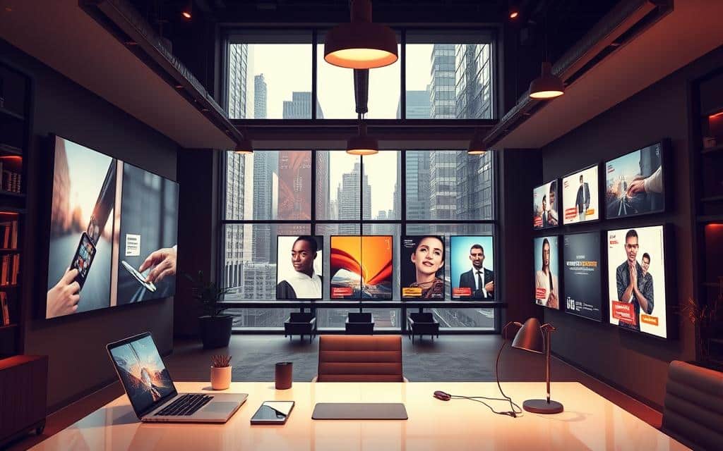 A sleek, modern office space showcasing an array of high-quality display ad creatives. Crisp, backlit screens display vibrant, visually engaging advertisements that capture the viewer's attention. The foreground features a clean, minimalist desk with a laptop, tablet, and stylish accessories, hinting at the digital tools used to craft these designs. In the middle ground, rows of framed display ads hang on the walls, each reflecting the latest best practices in typography, imagery, and color palette. The background reveals floor-to-ceiling windows overlooking a bustling cityscape, suggesting the real-world impact of these meticulously crafted digital ads. Warm, directional lighting casts a professional, polished atmosphere, underscoring the high-quality nature of the creative assets. A sleek, modern office space showcasing an array of high-quality display ad creatives. Crisp, backlit screens display vibrant, visually engaging advertisements that capture the viewer's attention. The foreground features a clean, minimalist desk with a laptop, tablet, and stylish accessories, hinting at the digital tools used to craft these designs. In the middle ground, rows of framed display ads hang on the walls, each reflecting the latest best practices in typography, imagery, and color palette. The background reveals floor-to-ceiling windows overlooking a bustling cityscape, suggesting the real-world impact of these meticulously crafted digital ads. Warm, directional lighting casts a professional, polished atmosphere, underscoring the high-quality nature of the creative assets.