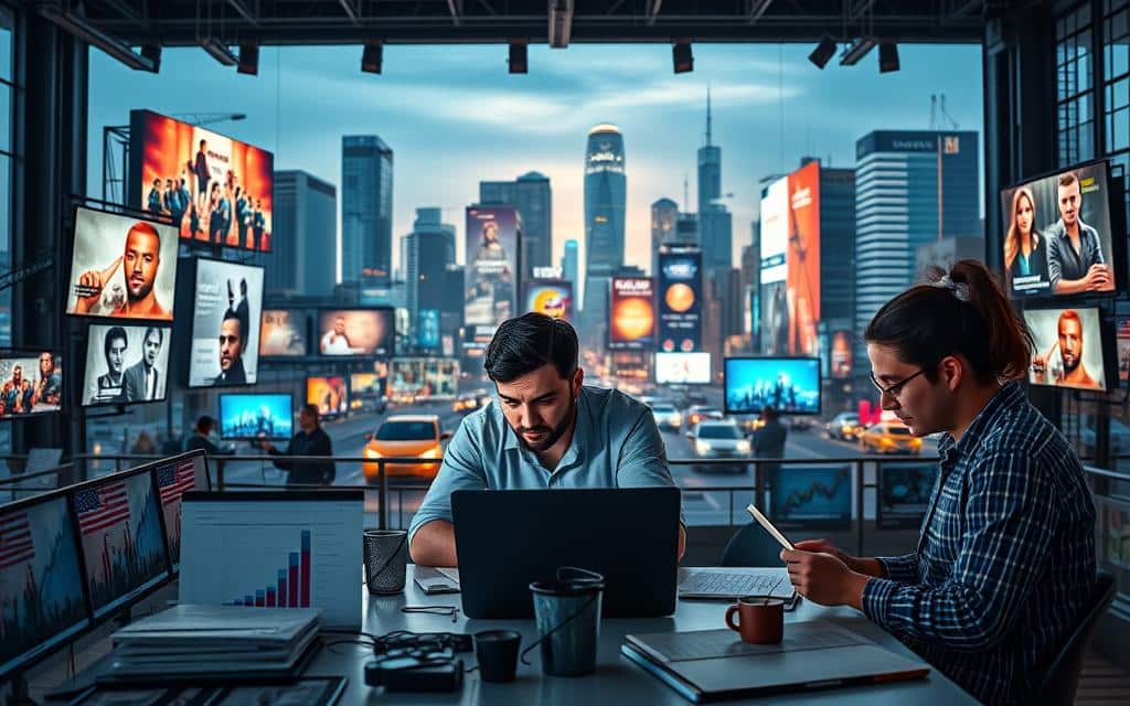 A strategically curated media landscape, with a central focus on data-driven insights. In the foreground, a team of analysts poring over charts and graphs, their expressions intense as they optimize ad placement and budgets. The middle ground features an array of digital and traditional media channels - laptops, tablets, billboards, and more - all seamlessly integrated. In the background, a futuristic cityscape backdrop, hinting at the far-reaching impact of these strategic media buying decisions. Warm lighting casts a contemplative glow, while the composition suggests a sense of order, precision, and forward momentum.