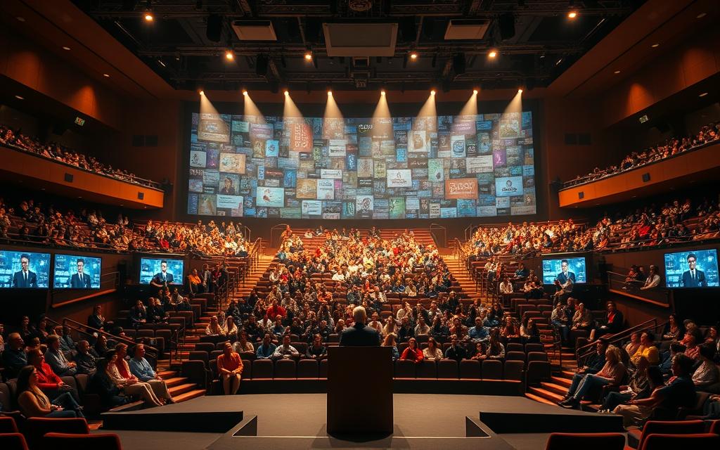 A vast auditorium with tiered seating, the audience segmented into distinct groups, each illuminated by individual spotlights. The foreground features a central stage, with a podium and digital screens showcasing audience data and insights. The middle ground showcases the segmented audience, each section vibrant and diverse, reflecting the nuances of consumer behavior. In the background, a mosaic of customer personas and market trends creates a data-driven tapestry, reinforcing the strategic importance of audience segmentation. The lighting is warm and inviting, casting a contemplative mood, emphasizing the power of understanding your target audience.