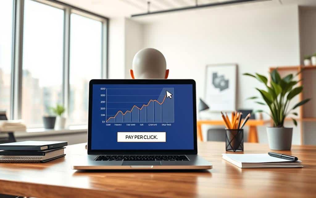 A vibrant and detailed illustration of a CPC advertising model, showcasing a business graph on a laptop screen, with a cursor hovering over a "Pay Per Click" button. The scene is set in a modern, minimalist office environment, with clean lines, neutral tones, and abundant natural lighting from large windows. The laptop is placed on a sleek, wooden desk, surrounded by office supplies and a potted plant, creating a professional and productive atmosphere. The model's face is not visible, allowing the focus to remain on the core subject matter. The overall composition conveys a sense of efficiency, data-driven decision-making, and the fundamental principles of CPC advertising. A vibrant and detailed illustration of a CPC advertising model, showcasing a business graph on a laptop screen, with a cursor hovering over a "Pay Per Click" button. The scene is set in a modern, minimalist office environment, with clean lines, neutral tones, and abundant natural lighting from large windows. The laptop is placed on a sleek, wooden desk, surrounded by office supplies and a potted plant, creating a professional and productive atmosphere. The model's face is not visible, allowing the focus to remain on the core subject matter. The overall composition conveys a sense of efficiency, data-driven decision-making, and the fundamental principles of CPC advertising.