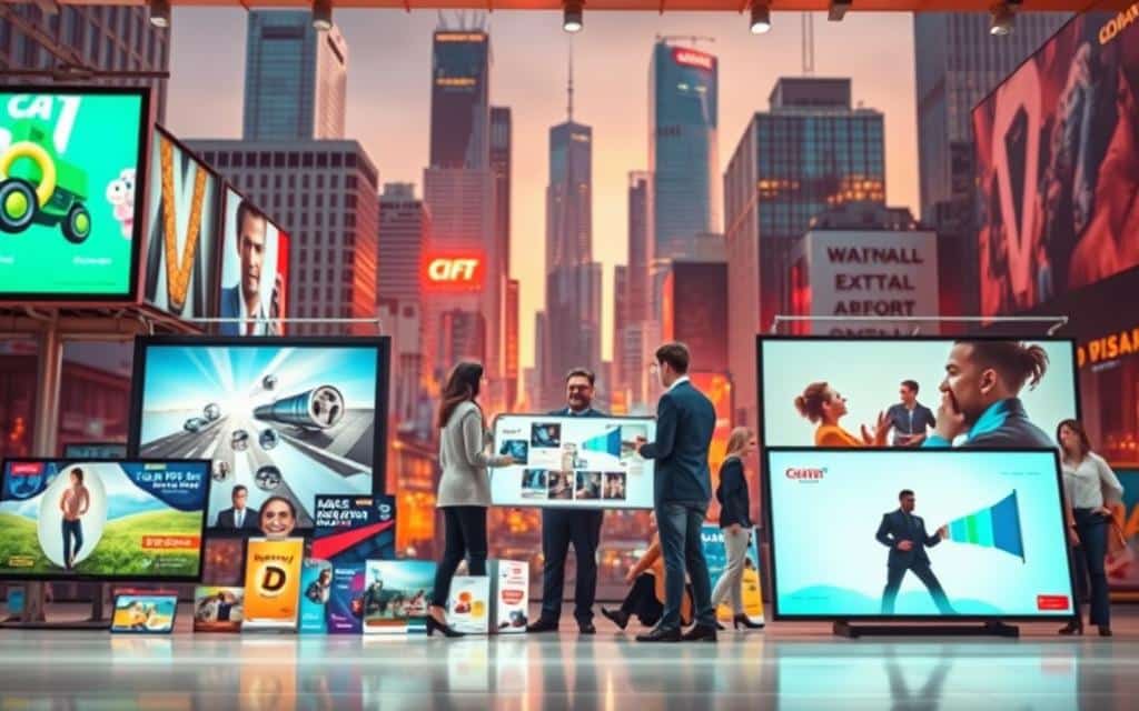 A vibrant display of diverse advertising campaign varieties, captured in a visually striking composition. In the foreground, various campaign elements - billboards, digital screens, brochures, and event banners - are showcased in a harmonious arrangement, each showcasing a distinct style and approach. The middle ground features a team of creative professionals collaborating, brainstorming ideas and strategizing. In the background, a cityscape backdrop with skyscrapers and neon lights sets the scene, conveying the dynamic and fast-paced nature of the advertising industry. The lighting is a mix of warm and cool tones, creating a sense of energy and professionalism. The overall mood is one of creativity, innovation, and the multifaceted nature of modern advertising campaigns.