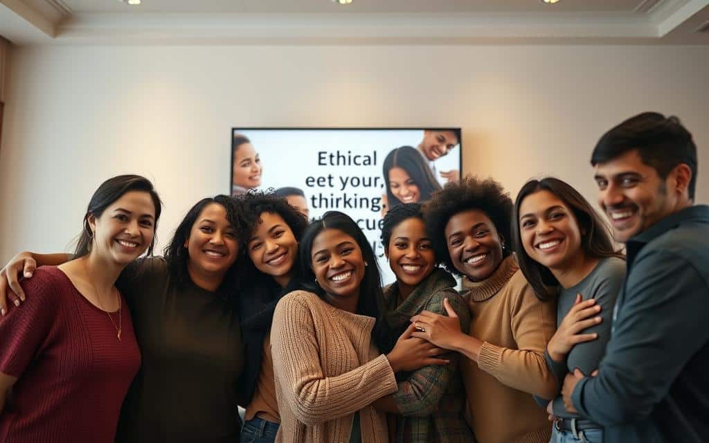 A warm, welcoming scene showcasing ethical emotional advertising. In the foreground, a group of diverse individuals smile and embrace, their expressions conveying genuine joy and connection. The middle ground features a sleek, minimalist advertising display, its visuals and messaging eliciting a sense of inclusivity and empowerment. The background is softly lit, with a subtle yet impactful color palette that enhances the overall mood. The lighting is natural and evenly distributed, creating a sense of balance and harmony. The camera angle is slightly elevated, allowing the viewer to observe the scene from a perspective of understanding and appreciation. The overall atmosphere is one of positivity, compassion, and a deep respect for the human experience. A warm, welcoming scene showcasing ethical emotional advertising. In the foreground, a group of diverse individuals smile and embrace, their expressions conveying genuine joy and connection. The middle ground features a sleek, minimalist advertising display, its visuals and messaging eliciting a sense of inclusivity and empowerment. The background is softly lit, with a subtle yet impactful color palette that enhances the overall mood. The lighting is natural and evenly distributed, creating a sense of balance and harmony. The camera angle is slightly elevated, allowing the viewer to observe the scene from a perspective of understanding and appreciation. The overall atmosphere is one of positivity, compassion, and a deep respect for the human experience.