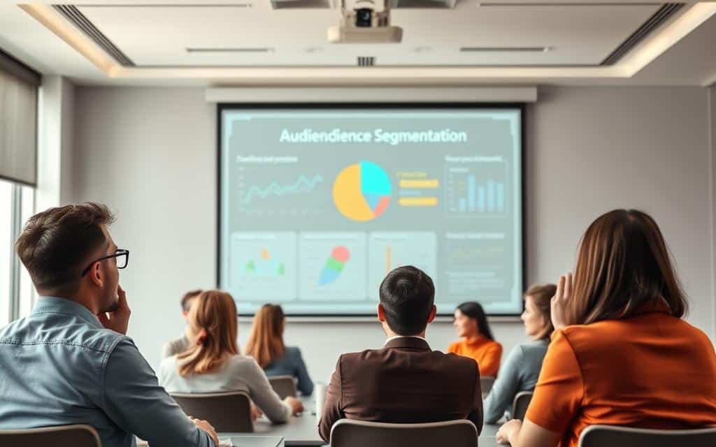 A well-lit conference room with a modern, minimalist interior design. In the foreground, a group of diverse professionals engaged in discussion, their expressions and body language conveying thoughtful contemplation. The middle ground features a large projection screen displaying infographics and data visualizations, highlighting the key benefits of audience segmentation. The background is softly blurred, creating a sense of depth and focus on the central subject matter. The overall atmosphere is one of collaborative, informed decision-making, emphasizing the value of audience insights in effective advertising strategies.