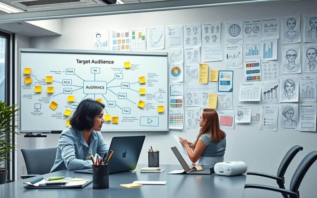 A well-lit office setting with a whiteboard displaying a mind map of target audience identification strategies. In the foreground, a business person analyzing customer data on a laptop, surrounded by sticky notes and a pen cup. The middle ground features a brainstorming session, with colleagues discussing demographic insights and market trends. The background showcases an array of analytic charts and customer persona sketches pinned to the walls, conveying a sense of focused, data-driven decision-making. The overall mood is one of organized, collaborative exploration, with a touch of thoughtful contemplation. A well-lit office setting with a whiteboard displaying a mind map of target audience identification strategies. In the foreground, a business person analyzing customer data on a laptop, surrounded by sticky notes and a pen cup. The middle ground features a brainstorming session, with colleagues discussing demographic insights and market trends. The background showcases an array of analytic charts and customer persona sketches pinned to the walls, conveying a sense of focused, data-driven decision-making. The overall mood is one of organized, collaborative exploration, with a touch of thoughtful contemplation.