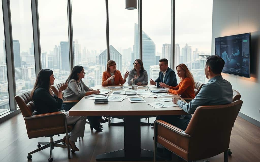 A bright, airy conference room with floor-to-ceiling windows overlooking a bustling city skyline. A long wooden table surrounded by plush leather chairs, where a group of advertising professionals engaged in a lively discussion, gesturing enthusiastically and examining mood boards and sketches. Subtle ambient lighting casts a warm glow, complemented by the soft hum of a wall-mounted touchscreen display. The room exudes a sense of creativity and collaborative energy, reflecting the dynamic nature of an advertising creative director's typical workday. A bright, airy conference room with floor-to-ceiling windows overlooking a bustling city skyline. A long wooden table surrounded by plush leather chairs, where a group of advertising professionals engaged in a lively discussion, gesturing enthusiastically and examining mood boards and sketches. Subtle ambient lighting casts a warm glow, complemented by the soft hum of a wall-mounted touchscreen display. The room exudes a sense of creativity and collaborative energy, reflecting the dynamic nature of an advertising creative director's typical workday.
