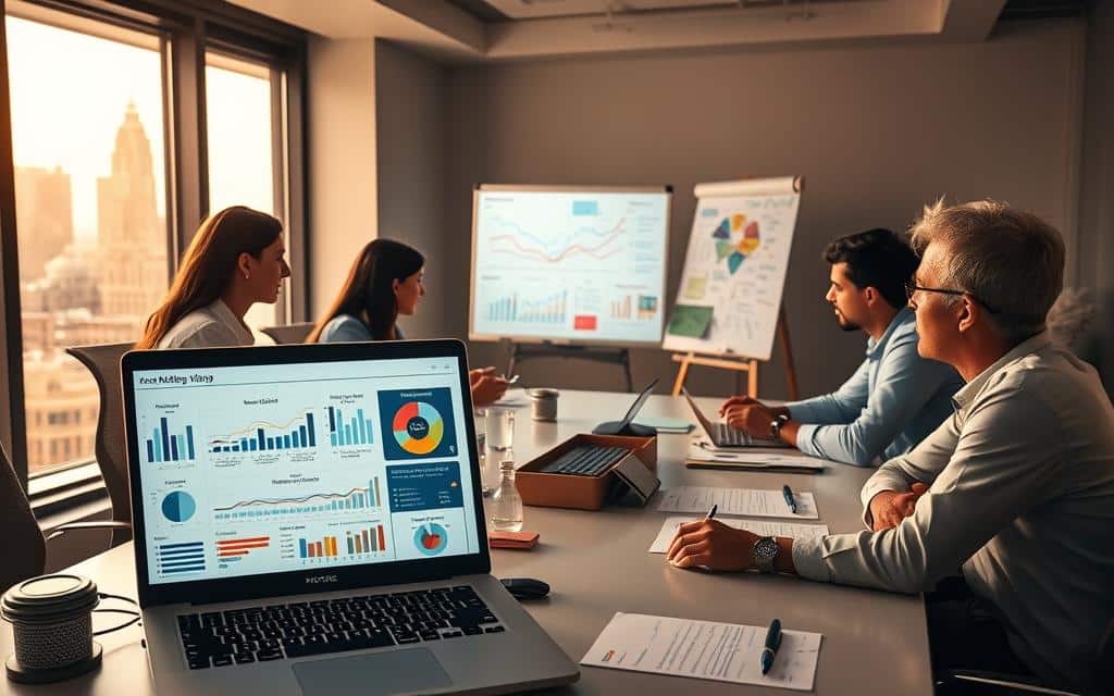 A bustling office setting, with a team of media buyers gathered around a large conference table, intently analyzing data and charts projected on a screen. The lighting is a warm, soft glow, creating a sense of focus and collaboration. In the foreground, a laptop displays a meticulously organized media buying workflow, complete with campaign timelines, budget allocations, and audience targeting metrics. The middle ground features a whiteboard covered in colorful notes and diagrams, reflecting the iterative nature of the media buying process. In the background, a window offers a glimpse of the city skyline, hinting at the broader market context informing the team's decisions. An atmosphere of professionalism and strategic decision-making pervades the scene. A bustling office setting, with a team of media buyers gathered around a large conference table, intently analyzing data and charts projected on a screen. The lighting is a warm, soft glow, creating a sense of focus and collaboration. In the foreground, a laptop displays a meticulously organized media buying workflow, complete with campaign timelines, budget allocations, and audience targeting metrics. The middle ground features a whiteboard covered in colorful notes and diagrams, reflecting the iterative nature of the media buying process. In the background, a window offers a glimpse of the city skyline, hinting at the broader market context informing the team's decisions. An atmosphere of professionalism and strategic decision-making pervades the scene.