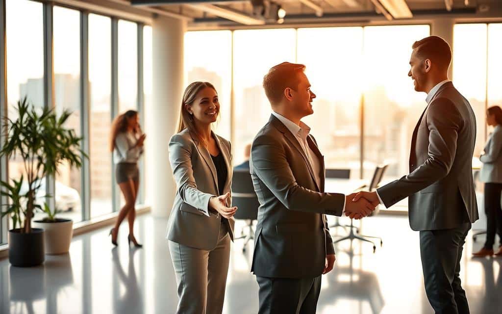 A bustling office setting with successful professionals in a modern, minimalist workspace. In the foreground, two business people shake hands in a confident, friendly manner, conveying a sense of achievement and collaboration. The middle ground features a team of colleagues gathered around a conference table, engaged in a productive meeting. The background showcases sleek, floor-to-ceiling windows overlooking a cityscape, bathed in warm, natural lighting. The overall atmosphere exudes professionalism, progress, and the confident energy of a thriving B2B enterprise. A bustling office setting with successful professionals in a modern, minimalist workspace. In the foreground, two business people shake hands in a confident, friendly manner, conveying a sense of achievement and collaboration. The middle ground features a team of colleagues gathered around a conference table, engaged in a productive meeting. The background showcases sleek, floor-to-ceiling windows overlooking a cityscape, bathed in warm, natural lighting. The overall atmosphere exudes professionalism, progress, and the confident energy of a thriving B2B enterprise.