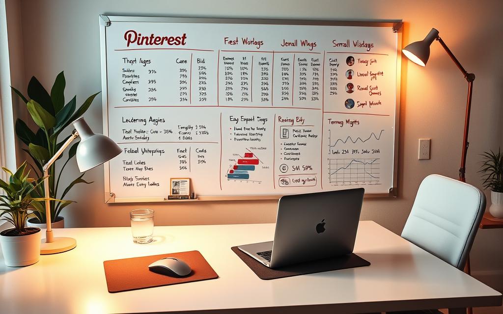 A cozy home office setup, with a sleek white desk and a neatly organized workspace. On the desk, a laptop and a stylish mouse pad, along with a glass of water and a potted plant, creating a serene and productive atmosphere. In the background, a large whiteboard displays various budgets, bids, and analytics related to a Pinterest advertising campaign, all illuminated by warm, diffused lighting from a floor lamp. The scene conveys a sense of focus, efficiency, and a deep understanding of the intricacies of managing a successful Pinterest advertising strategy for a small business. A cozy home office setup, with a sleek white desk and a neatly organized workspace. On the desk, a laptop and a stylish mouse pad, along with a glass of water and a potted plant, creating a serene and productive atmosphere. In the background, a large whiteboard displays various budgets, bids, and analytics related to a Pinterest advertising campaign, all illuminated by warm, diffused lighting from a floor lamp. The scene conveys a sense of focus, efficiency, and a deep understanding of the intricacies of managing a successful Pinterest advertising strategy for a small business.