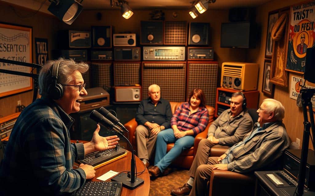 A cozy radio studio bathed in warm, golden lighting. In the foreground, a charismatic radio host gesturing animatedly, surrounded by an assortment of professional-grade microphones, headphones, and mixing equipment. In the middle ground, several well-known local personalities seated comfortably, engaged in a lively discussion. Behind them, an array of vintage radio transmitters and sound-absorbing panels create an authentic, vintage atmosphere. The overall mood is one of trust, credibility, and a sense of community, reflecting the power of local radio endorsements to connect with listeners. A cozy radio studio bathed in warm, golden lighting. In the foreground, a charismatic radio host gesturing animatedly, surrounded by an assortment of professional-grade microphones, headphones, and mixing equipment. In the middle ground, several well-known local personalities seated comfortably, engaged in a lively discussion. Behind them, an array of vintage radio transmitters and sound-absorbing panels create an authentic, vintage atmosphere. The overall mood is one of trust, credibility, and a sense of community, reflecting the power of local radio endorsements to connect with listeners.