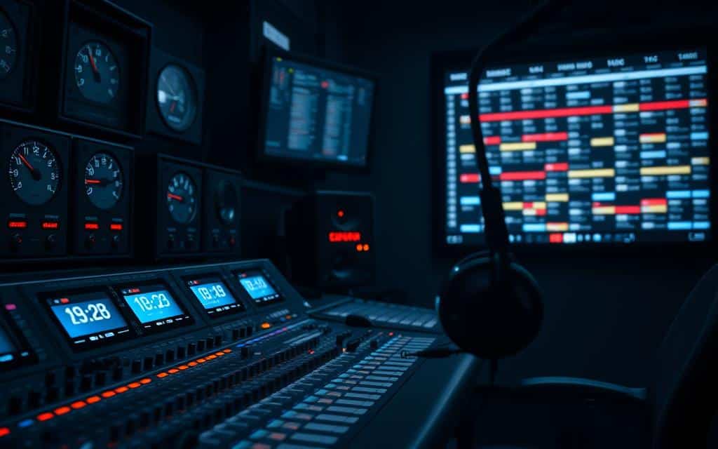 A dimly lit radio studio, the muted glow of LED displays casting a soft light across a sleek, modern control board. In the foreground, rows of knobs and sliders control the ebb and flow of audio levels, while a pair of professional-grade headphones hang ready for the host's cue. The middle ground features an array of digital clocks, their faces displaying time zones and countdown timers, coordinating the intricate dance of on-air talent and pre-recorded segments. In the background, a large wall-mounted monitor displays a detailed program schedule, its grid of color-coded blocks mapping out the station's programming for the day. The overall atmosphere is one of focused intensity, a well-oiled machine ready to deliver a seamless audio experience to its listeners. A dimly lit radio studio, the muted glow of LED displays casting a soft light across a sleek, modern control board. In the foreground, rows of knobs and sliders control the ebb and flow of audio levels, while a pair of professional-grade headphones hang ready for the host's cue. The middle ground features an array of digital clocks, their faces displaying time zones and countdown timers, coordinating the intricate dance of on-air talent and pre-recorded segments. In the background, a large wall-mounted monitor displays a detailed program schedule, its grid of color-coded blocks mapping out the station's programming for the day. The overall atmosphere is one of focused intensity, a well-oiled machine ready to deliver a seamless audio experience to its listeners.