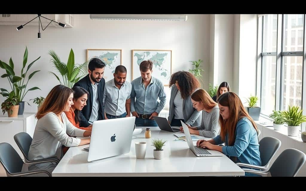 A diverse group of professionals, each with unique talents, collaborating in a modern, well-lit office space. In the foreground, a team huddles around a sleek, minimalist table, discussing strategies to develop in-demand skills like data analysis, creativity, and adaptability. In the middle ground, individuals work independently on laptops, immersed in learning new software and techniques. The background features an abundance of natural light, potted plants, and inspirational artwork, fostering a productive and innovative atmosphere. The scene conveys a sense of purpose, growth, and the collective effort to build the essential skills that employers in the advertising industry seek.