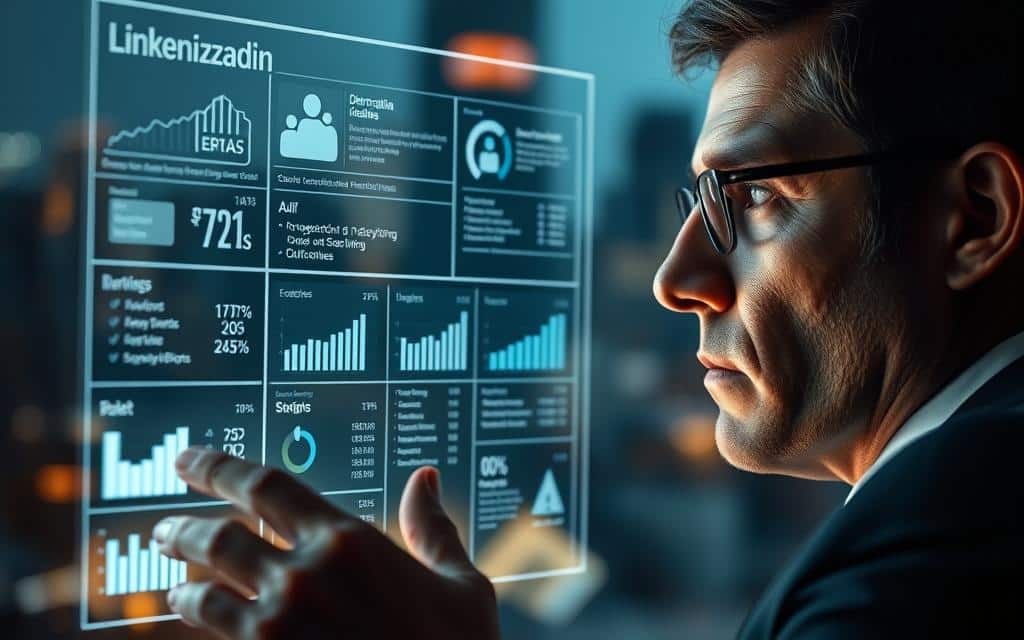 A focused and strategic business executive peers intently at a holographic display, analyzing detailed data points and demographic insights on a diverse set of potential LinkedIn users. Subtle lighting accentuates the concentration on their face, the glow of the screen casting an intense, analytical atmosphere. In the background, a blurred cityscape represents the broader landscape of the professional world, emphasizing the targeted, laser-focused nature of this market research. Clean, minimalist design elements convey a sense of precision and clarity, reflecting the thoughtful approach to identifying the right audience. A focused and strategic business executive peers intently at a holographic display, analyzing detailed data points and demographic insights on a diverse set of potential LinkedIn users. Subtle lighting accentuates the concentration on their face, the glow of the screen casting an intense, analytical atmosphere. In the background, a blurred cityscape represents the broader landscape of the professional world, emphasizing the targeted, laser-focused nature of this market research. Clean, minimalist design elements convey a sense of precision and clarity, reflecting the thoughtful approach to identifying the right audience.