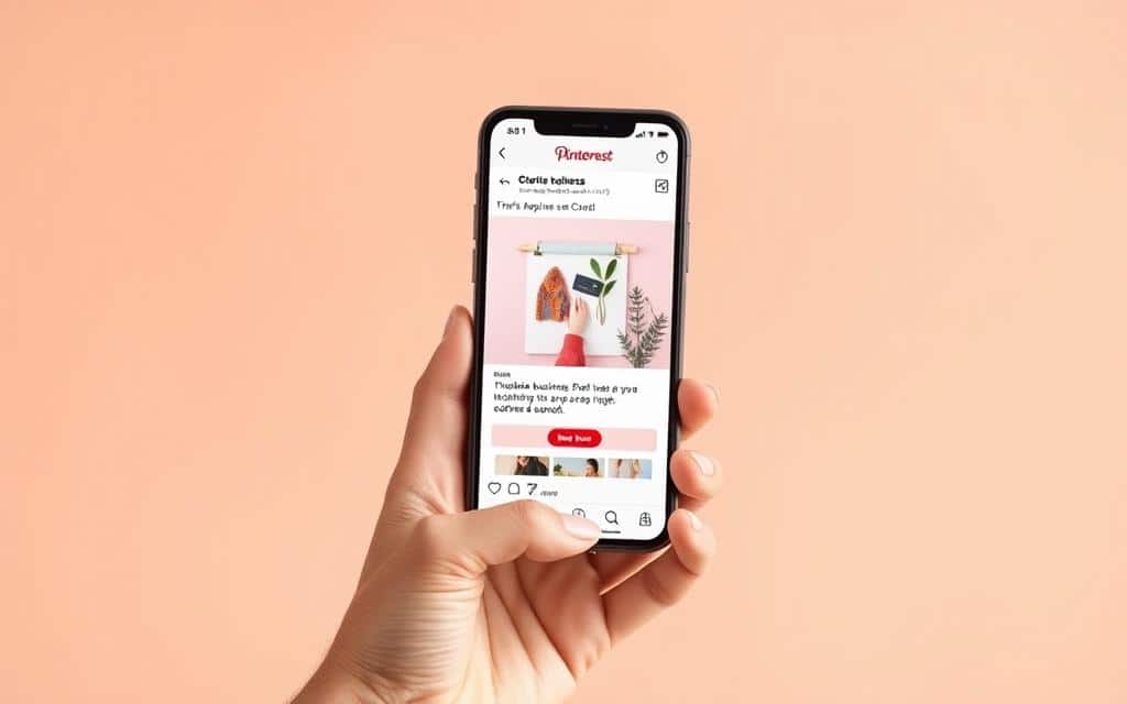 A modern, minimalist advertisement showcasing a small business on Pinterest. Centered in the frame, a smartphone displays a neatly designed Pinterest post with a vibrant product image, a compelling headline, and a simple call-to-action button. In the foreground, a hand holding the device is framed against a soft, pastel-colored background, creating a sense of elegance and professionalism. The lighting is soft and diffused, accentuating the screen's clarity. The overall composition conveys the ease and effectiveness of advertising a small business on the Pinterest platform. A modern, minimalist advertisement showcasing a small business on Pinterest. Centered in the frame, a smartphone displays a neatly designed Pinterest post with a vibrant product image, a compelling headline, and a simple call-to-action button. In the foreground, a hand holding the device is framed against a soft, pastel-colored background, creating a sense of elegance and professionalism. The lighting is soft and diffused, accentuating the screen's clarity. The overall composition conveys the ease and effectiveness of advertising a small business on the Pinterest platform.