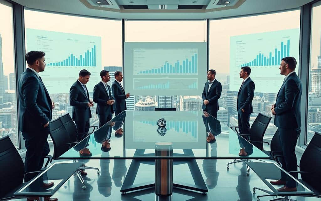 A modern office setting with a sleek glass conference table at the center. Financiers in tailored suits stand around, discussing charts and graphs projected on the walls. Overhead, soft lighting casts a professional glow, while floor-to-ceiling windows provide a city skyline backdrop. The atmosphere is one of calculated, strategic decision-making as the team deliberates the agency's pricing model - a crucial component of their advertising services. The scene conveys a sense of authority, expertise, and a thoughtful approach to structuring client offerings. A modern office setting with a sleek glass conference table at the center. Financiers in tailored suits stand around, discussing charts and graphs projected on the walls. Overhead, soft lighting casts a professional glow, while floor-to-ceiling windows provide a city skyline backdrop. The atmosphere is one of calculated, strategic decision-making as the team deliberates the agency's pricing model - a crucial component of their advertising services. The scene conveys a sense of authority, expertise, and a thoughtful approach to structuring client offerings.