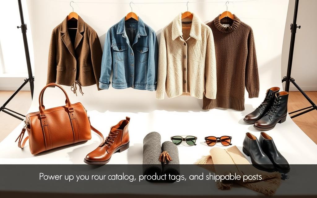 A neatly organized product catalog, showcasing a variety of fashion items on a sleek, minimalist studio setup. The scene is bathed in warm, natural lighting, captured from an angle that highlights the products' textures and details. The foreground features several well-curated items, such as a stylish handbag, a pair of leather boots, and a cozy sweater, artfully arranged to create a visually appealing display. The middle ground introduces a few additional products, including a denim jacket and a pair of sunglasses, seamlessly integrated into the composition. The background is a clean, white studio backdrop, allowing the products to take center stage and creating a sense of focus and clarity. The overall mood is one of sophistication, elegance, and attention to detail, perfectly aligning with the section title "Power up your catalog, product tags, and shoppable posts". A neatly organized product catalog, showcasing a variety of fashion items on a sleek, minimalist studio setup. The scene is bathed in warm, natural lighting, captured from an angle that highlights the products' textures and details. The foreground features several well-curated items, such as a stylish handbag, a pair of leather boots, and a cozy sweater, artfully arranged to create a visually appealing display. The middle ground introduces a few additional products, including a denim jacket and a pair of sunglasses, seamlessly integrated into the composition. The background is a clean, white studio backdrop, allowing the products to take center stage and creating a sense of focus and clarity. The overall mood is one of sophistication, elegance, and attention to detail, perfectly aligning with the section title "Power up your catalog, product tags, and shoppable posts".