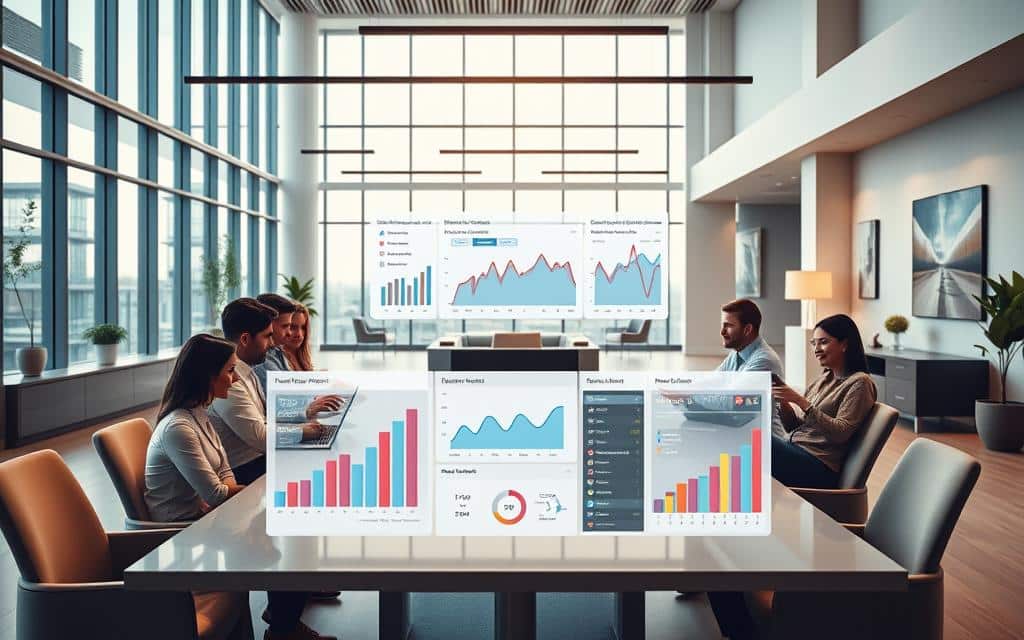 A professional corporate office interior with an expansive open-plan layout and large windows flooding the space with natural light. In the foreground, a group of business executives gathered around a conference table, laptops and smartphones in hand, engaged in a lively discussion. In the middle ground, a digital dashboard displays real-time social media analytics, with graphs and charts visualizing engagement metrics. The background features a stylish, minimalist decor with sleek furnishings and tasteful artwork on the walls, conveying an atmosphere of sophistication and productivity. The lighting is soft and warm, creating a collaborative and focused ambiance. A professional corporate office interior with an expansive open-plan layout and large windows flooding the space with natural light. In the foreground, a group of business executives gathered around a conference table, laptops and smartphones in hand, engaged in a lively discussion. In the middle ground, a digital dashboard displays real-time social media analytics, with graphs and charts visualizing engagement metrics. The background features a stylish, minimalist decor with sleek furnishings and tasteful artwork on the walls, conveying an atmosphere of sophistication and productivity. The lighting is soft and warm, creating a collaborative and focused ambiance.