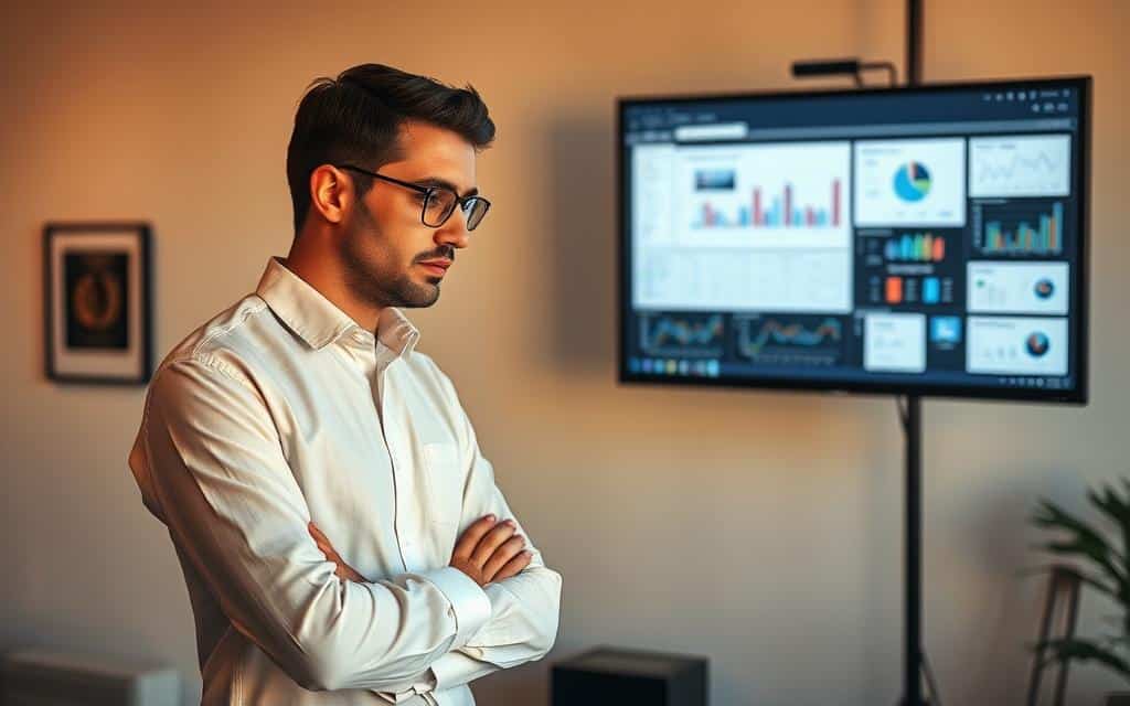 A professional, well-dressed media buyer standing in a modern, minimalist office setting. The buyer is intently focused, studying various media plans and data analytics displayed on a large computer screen. Warm, directional lighting illuminates the buyer's face, conveying a sense of determination and deep contemplation. The background is clean and uncluttered, with a few subtle design elements like a framed company logo or award on the wall, establishing a corporate, yet creative atmosphere. The overall mood is one of calculated precision, strategic thinking, and the pursuit of effective media placement. A professional, well-dressed media buyer standing in a modern, minimalist office setting. The buyer is intently focused, studying various media plans and data analytics displayed on a large computer screen. Warm, directional lighting illuminates the buyer's face, conveying a sense of determination and deep contemplation. The background is clean and uncluttered, with a few subtle design elements like a framed company logo or award on the wall, establishing a corporate, yet creative atmosphere. The overall mood is one of calculated precision, strategic thinking, and the pursuit of effective media placement.
