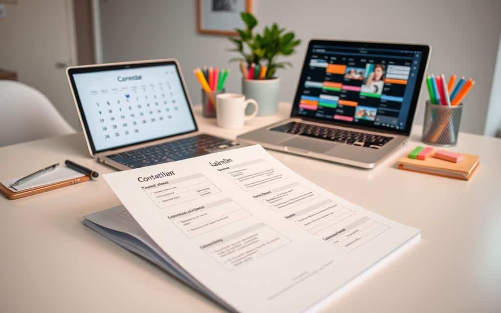 A sleek and organized content calendar, depicted on a modern, minimalist desk setup. In the foreground, a clean, white notepad with neatly arranged task lists, deadlines, and social media post ideas. Beside it, a stylish, silver laptop displaying a digital calendar interface, allowing for seamless planning and scheduling. The middle ground features an array of stationery essentials, such as colorful pens, sticky notes, and a desktop organizer, conveying a sense of productivity and efficiency. The background showcases a neutral, light-filled workspace, with a potted plant and a framed artwork, creating a serene and inspirational atmosphere. The overall composition emphasizes the importance of a well-structured content strategy for effective Instagram advertising in e-commerce. A sleek and organized content calendar, depicted on a modern, minimalist desk setup. In the foreground, a clean, white notepad with neatly arranged task lists, deadlines, and social media post ideas. Beside it, a stylish, silver laptop displaying a digital calendar interface, allowing for seamless planning and scheduling. The middle ground features an array of stationery essentials, such as colorful pens, sticky notes, and a desktop organizer, conveying a sense of productivity and efficiency. The background showcases a neutral, light-filled workspace, with a potted plant and a framed artwork, creating a serene and inspirational atmosphere. The overall composition emphasizes the importance of a well-structured content strategy for effective Instagram advertising in e-commerce.