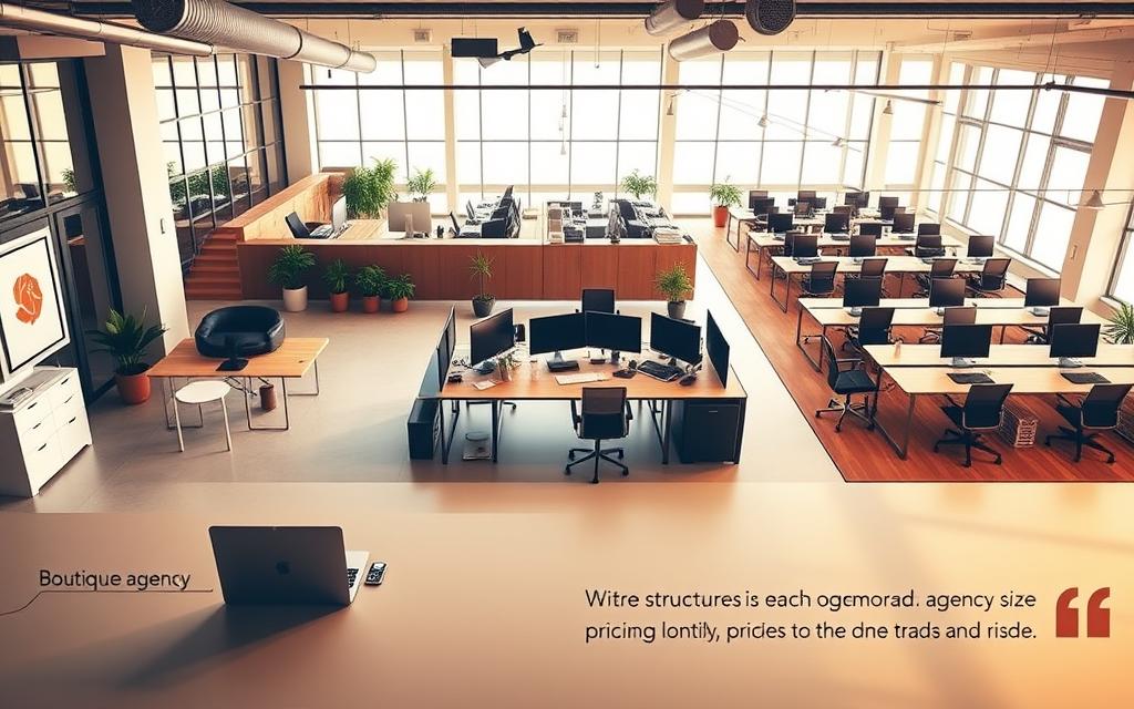 A sleek, modern office interior with three distinct workspaces representing different agency sizes. In the foreground, a small, minimalist setup with a laptop and simple decor, conveying a boutique agency feel. The middle ground features a mid-sized workspace with multiple desks, monitors, and collaborative spaces. In the background, a large, open-plan office with rows of desks, conference rooms, and a bustling atmosphere, representing a large-scale agency. Warm, natural lighting filters through large windows, creating a professional and inviting atmosphere. The layout and furnishings subtly hint at the pricing structures tailored to each agency size. A sleek, modern office interior with three distinct workspaces representing different agency sizes. In the foreground, a small, minimalist setup with a laptop and simple decor, conveying a boutique agency feel. The middle ground features a mid-sized workspace with multiple desks, monitors, and collaborative spaces. In the background, a large, open-plan office with rows of desks, conference rooms, and a bustling atmosphere, representing a large-scale agency. Warm, natural lighting filters through large windows, creating a professional and inviting atmosphere. The layout and furnishings subtly hint at the pricing structures tailored to each agency size.